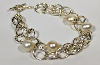 Contemporary Sterling Silver And Genuine Pearl Bracelet 8' Long
