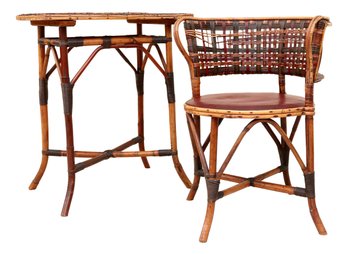1960-70s Rattan Table And  Curved Chair  Set With Ebony Accents