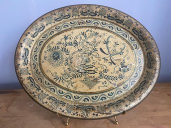 Vintage Blue And White Oval Metal Tray