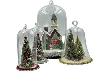 Plow & Hearth Lighted Snowman Village In Glass Cloche & 3 Smaller Snowy Christmas Trees In Glass Cloches