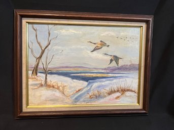 Vintage Ducks In Flight Oil On Canvas Painting In Wood Frame With Linen Mat - Unsigned