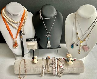 Costume Jewelry Lot # 3: Necklaces, Bracelets, Snowmen Pins, Bracelets, NOS Napier Earrings Many Unmarked