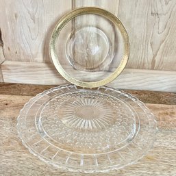 A Pressed Glass Cake Plate And Gold Rim Glass Dish