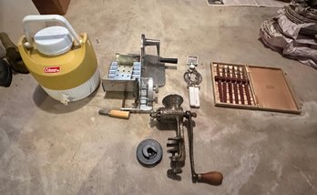 6 Kirk & Matz Stainless Knives, Vintage General Manual Slicing Machine, Leifheit Can Opener, Coleman Cooler