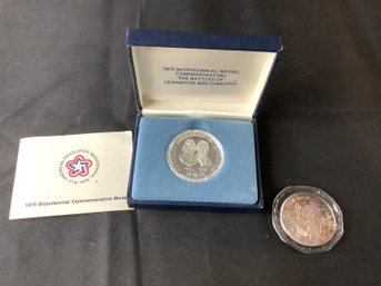 1995 1 Oz .999 Fine Silver Coin And 1975 Bicentennial Medal Commemorating Battles Of Lexington & Concord