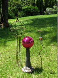 Trio Of Garden Art - Gazing Ball On Stand, Caged Plant Stand And Whimsical Butterfly Stake