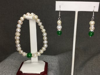 Earrings & Bracelet With Genuine Cultured Baroque Pearls & Green Jade Beads / Sterling / Zircon Silver Spacers