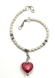 Vintage Sterling Silver Pearl Color Beaded With Pink Heart Pendant Bracelet