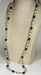 Genuine Pearl, Blue Agate And Black Onyx Stone Beaded Gold Over Silver Necklace