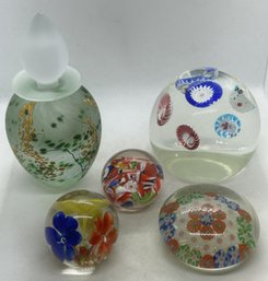 Grouping Of Vintage Art Glass Paperweights And Perfume Bottle