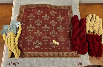 Maroon Fleur-de-Lis Needlepoint Canvas And Thread