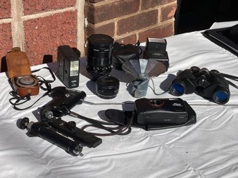 Large Grouping Of Vintage Cameras And Equipment, As Well As Binolux Binoculars