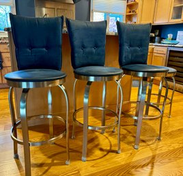 Set Of Leather And Chrome Bar Stools