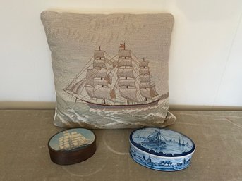 Nautical Ship Lot Needlepoint Pillow With 2 Boxes