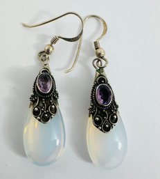 BALI STYLE STERLING SILVER MOONSTONE & AMETHYST DANGLE EARRINGS