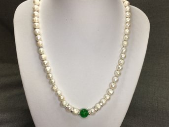 Necklace With Genuine Cultured Baroque Pearls & Green Jade Beads / Sterling / Zircon Silver Spacers - Nice !