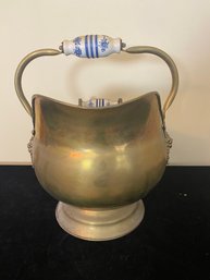 Brass Coal Ash Scuttle Bucket With Lion Heads And Delft Porcelain Handles