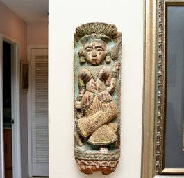 Woman With Torch Carved Wood Polychrome Wall Art