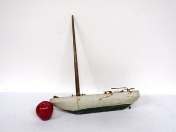 An Early Carved Wooden Pond Boat Sailboat W/mast