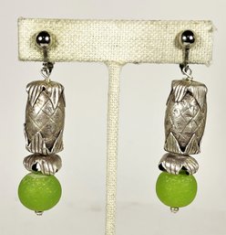 Designer Couture Silver Tone Earrings Clips Green Stones Pineapple Motif