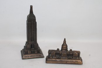 Pair Of Vintage Bicentennial Copper Alloy Desk Statues Of The Capitol Building & The Empire State Building