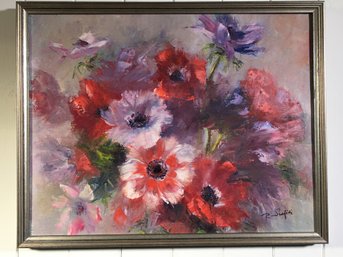Very Nice Floral Vintage Palette Knife Oil On Canvas By RINA SCAFIDI / New Canaan, CT Artist - $150 Price Tag