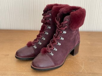 New Sam Edelman Bowen Burgundy Suede Leather Fur Lace Up Booties Size 10