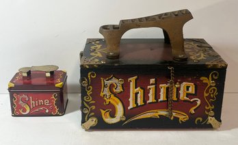 Vintage 5 Cent Shoe Shine Wood Box With Matching Tin