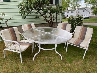 Vintage Glass Top Patio Table W/ 4 Chairs & Cushions