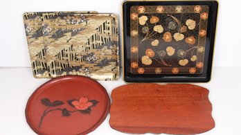 LOT OF 5 JAPANESE SERVING TRAYS MADE OF DIFFERENT MATERIALS INCLUDING ROSEWOOD