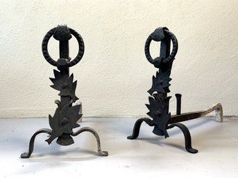 A Terrific Pair Of Vintage Arts & Crafts Andirons In Wrought Iron