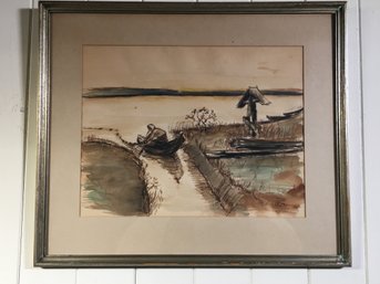 Interesting Antique Watercolor Painting - Boat / Water Signed With Stylized Initials CEN ? ENC ? CNE ?