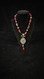 Asian Pendent Red And Black Beaded Necklace