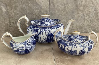 ROYAL CROWN DERBY Blue MIKADO Teapot, Creamer And Lidded Sugar Bowl