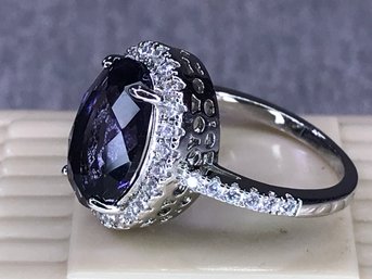 Wonderful Brand New Sterling Silver / 925 Ring With Deep Tone Amethyst And Sparkling White Zircons - Pretty !