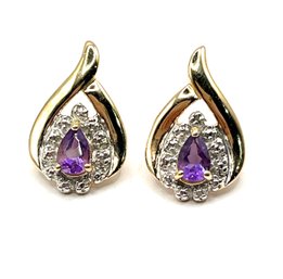 Vintage Sterling Silver Vermeil Purple And Clear Stone Earrings