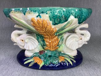 Wonderful Vintage Majolica Elephant Planter / Centerpiece - Marked 38 On Base - Great Colors - Very Pretty !