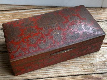 Vintage Ornate Brass Jewelry Box With Red Enamel