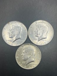 3 Kennedy Half Dollars 40 Silver 1967, 1968-D, 1969-D