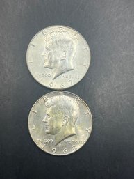 2 Kennedy Half Dollars 40 Silver 1967, 1968-D