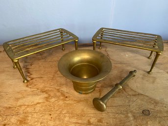 Brass Mortar And Pestle And 2 Brass Trivets