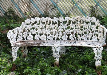 An Ornate White Cast Iron 3 Piece Garden Bench With Grapes & Leaves Pattern.