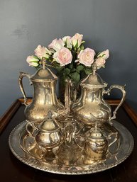 Silverplate Lot Plus Mercury Glass Vase With Life Like Roses