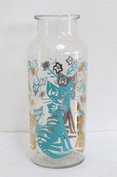 Mid Century Modern Kitschy Glass Cats And Flowers Jar Vessel