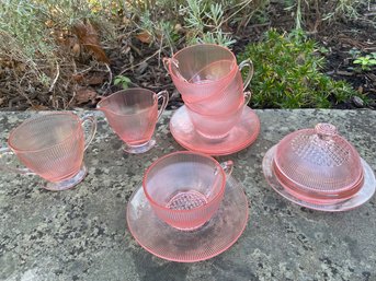 A Beautiful Vintage Homespun Pink Depression Glass Tea Service For Four