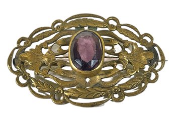 Gilt Brass Victorian Amethyst Glass Large Sash Pin