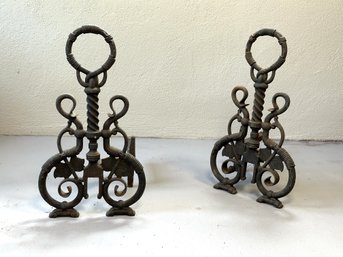 A Fantastic Pair Of Vintage Ring & Vine Andirons In Wrought Iron