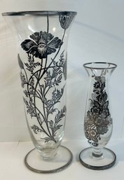 2 Beautiful Sterling Silver Overlay Floral Vases