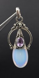 Vintage Moonstone Drop Pendant W/ Amethyst In Sterling Silver