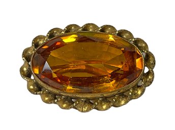 Gilt Brass Victorian Brooch Large Amber Colored Class Stone